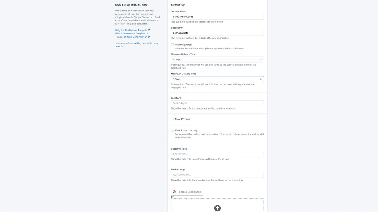Add rate name, description, tags, locations, po box rules, sheet