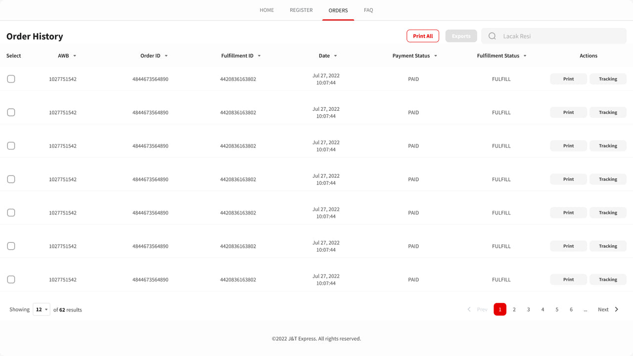 J&T Express Shopify Orders Page