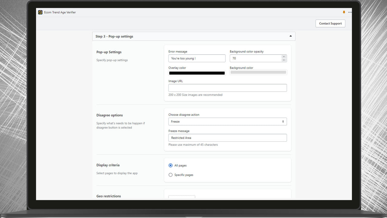 popup settings ecom trend age verifier