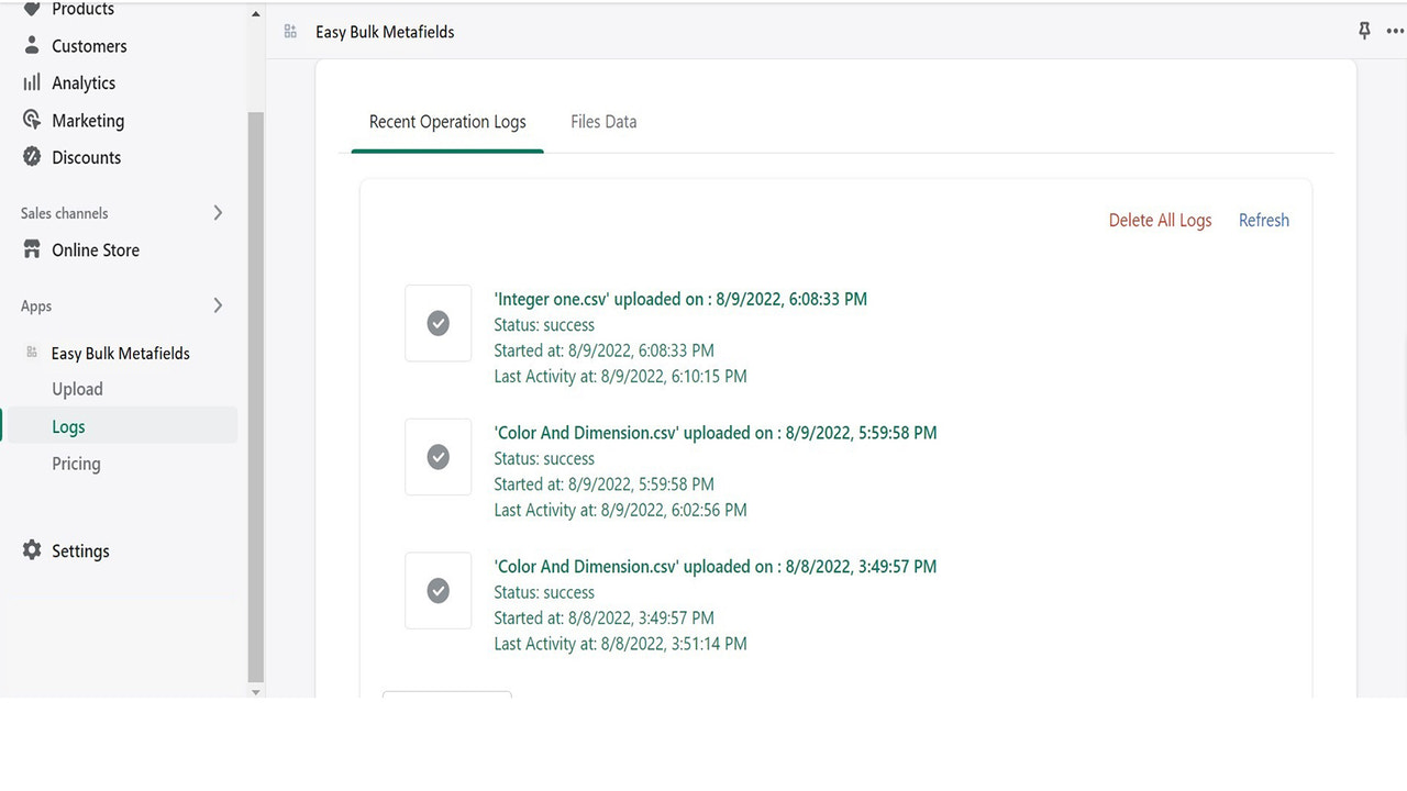 Logs section of Easy Bulk Metafields app for Shopify