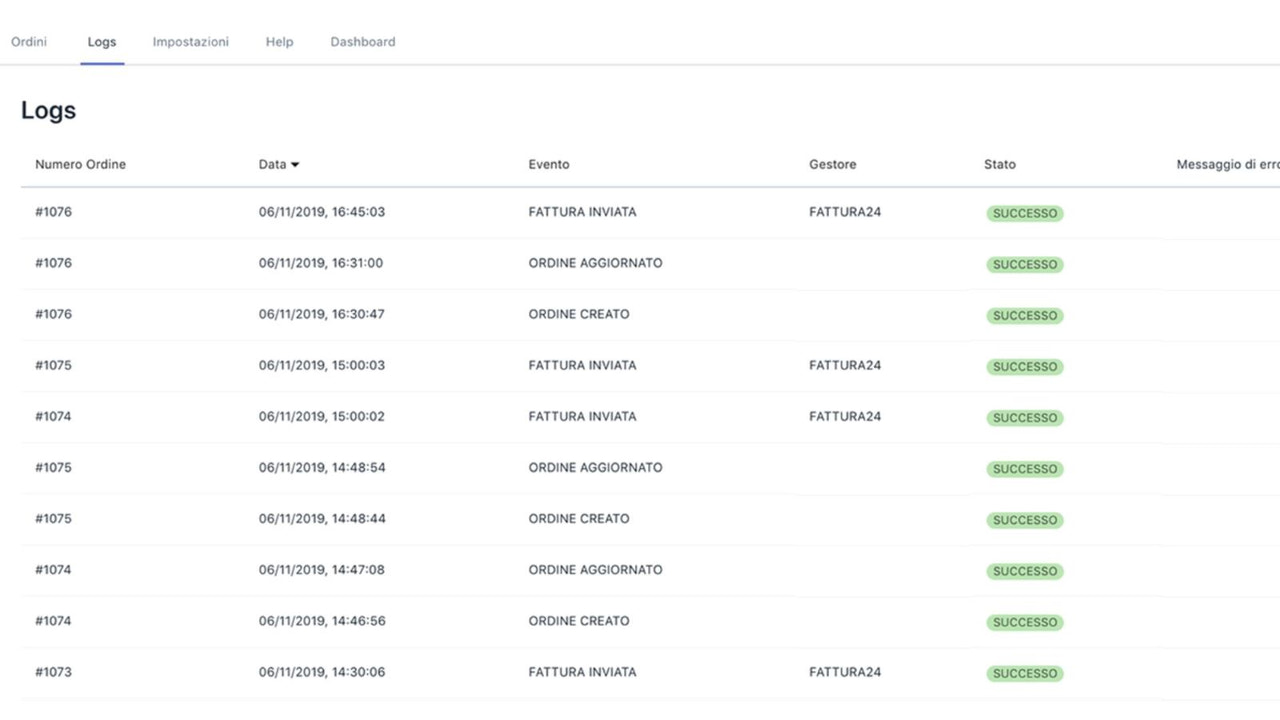 Log dello stato degli invii e ricezione ordini