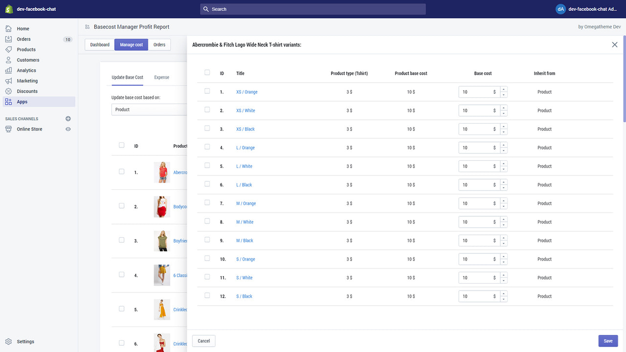 Basecost manager profit report