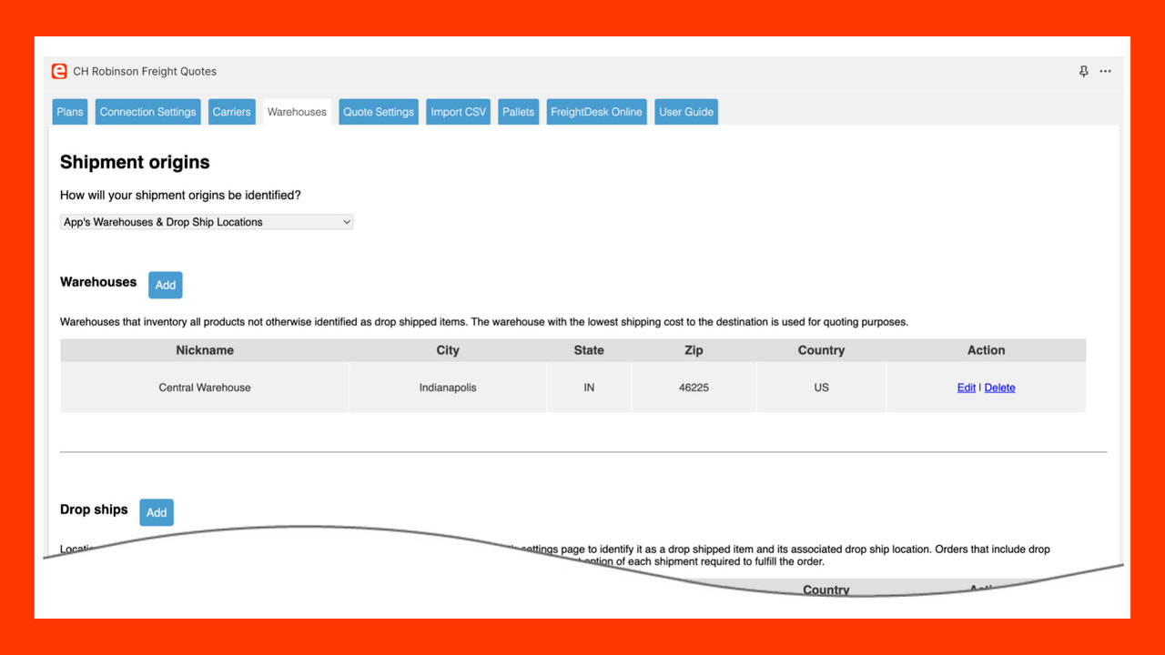 CH Robinson - FreightQuote for Shopify warehouse settings