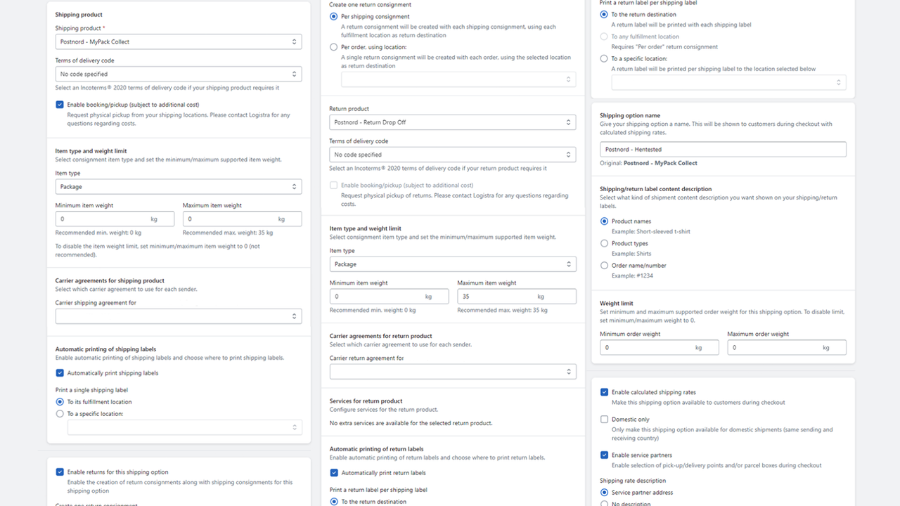 App page for adding new shipping option