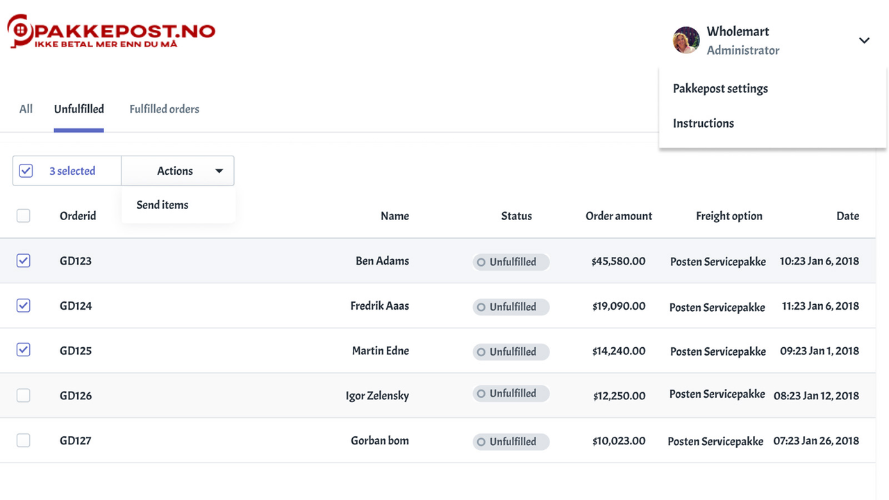 Select multiple orders to ship