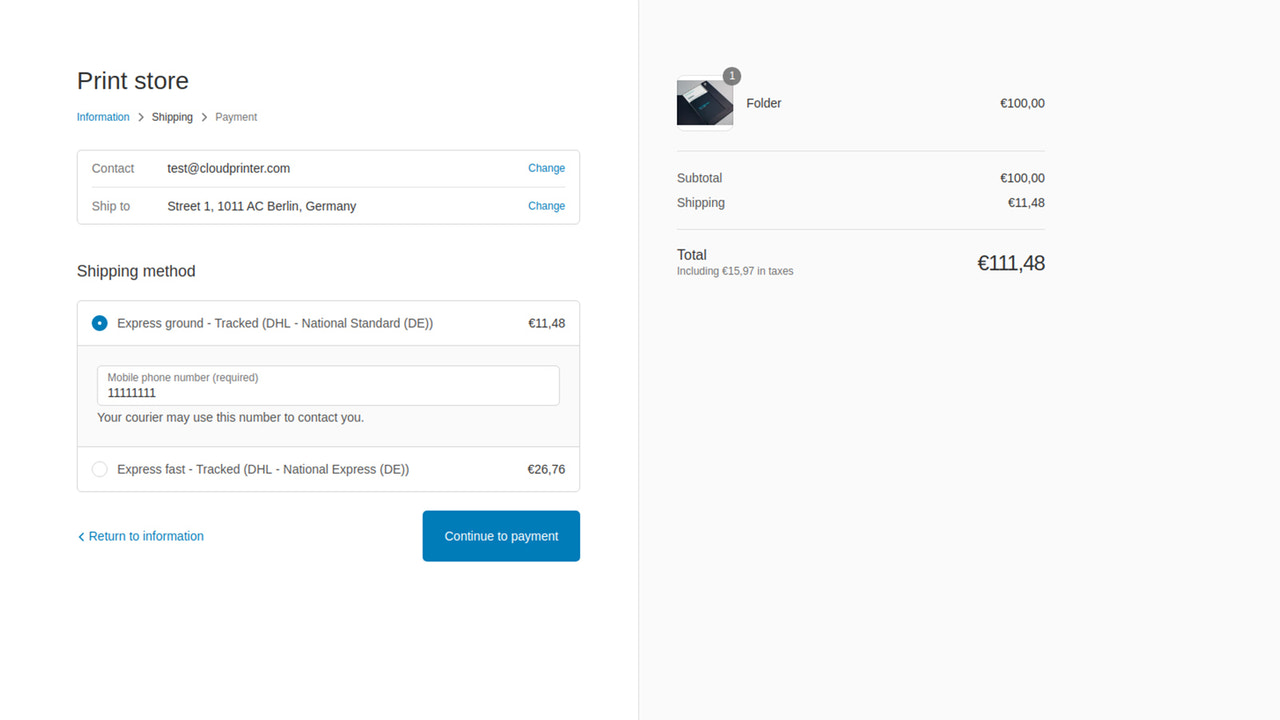 Cloudprinter shipping methods