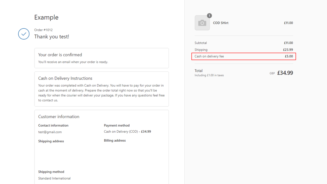 Example thank you page with Cod Fee