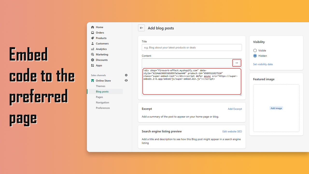 Embed code to the preferred page