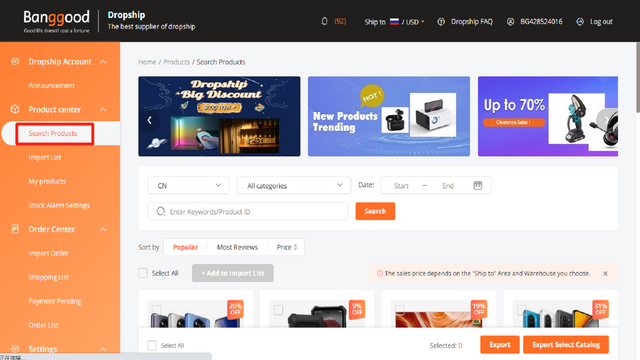 Search products and add products to import list