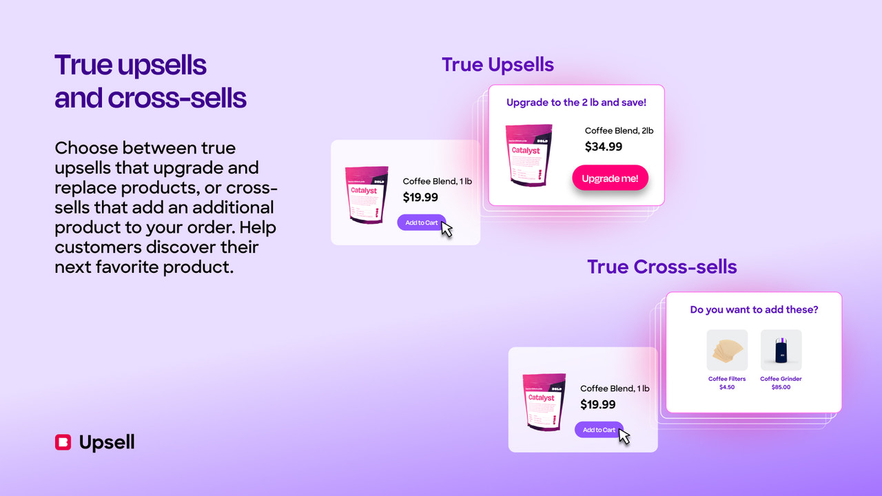 True upsells (upgrade and replace) and cross-sells (add-ons)