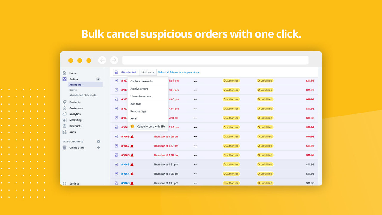 Bulk cancel orders with Shop Protector Plus.
