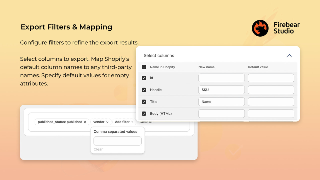 Configure filters to refine the export results.