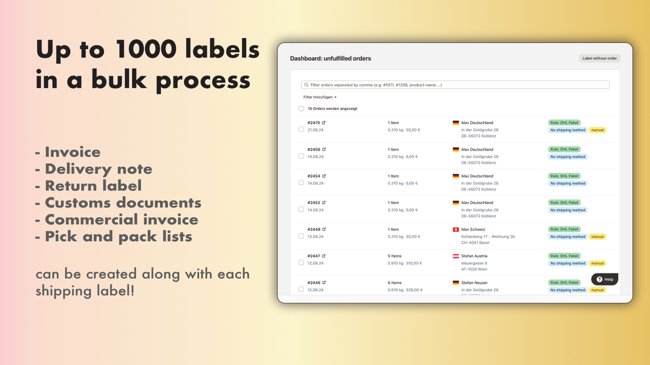 Up to 1000 shipping labels within one batch process