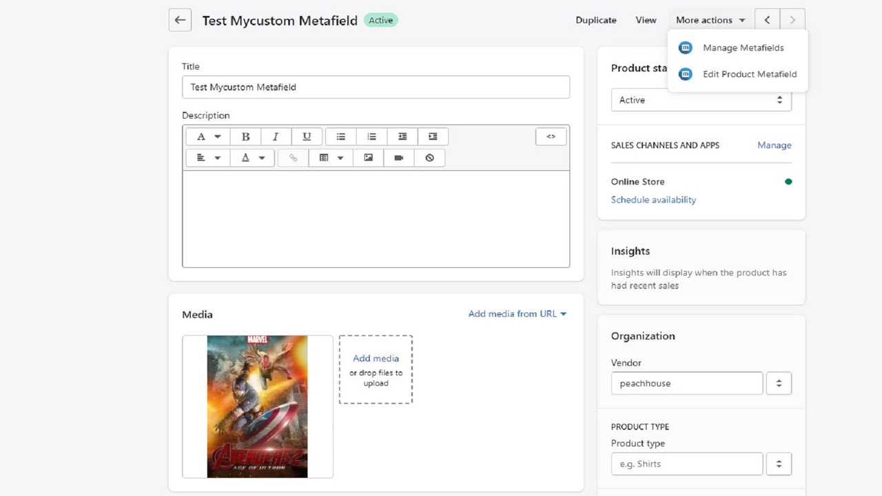 Click more action button to manage or edit metafield