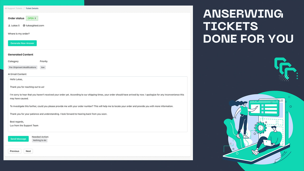 Ticket View with generated Answer, Category and Priority