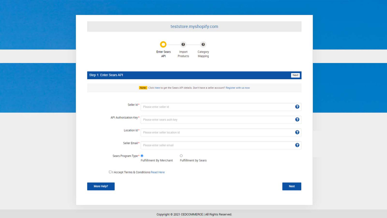 Sears API configuration setup: Enter API keys