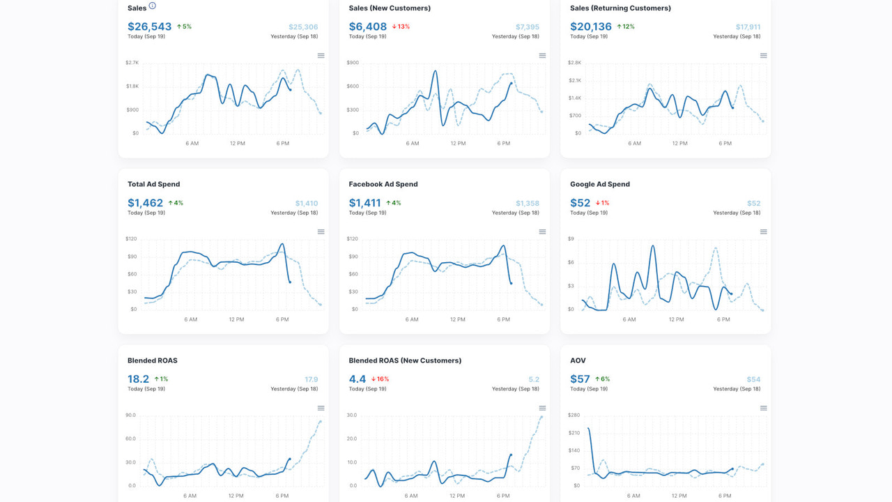 Real-time monitoring for dozens of KPIs (ROAS, Sales, etc)