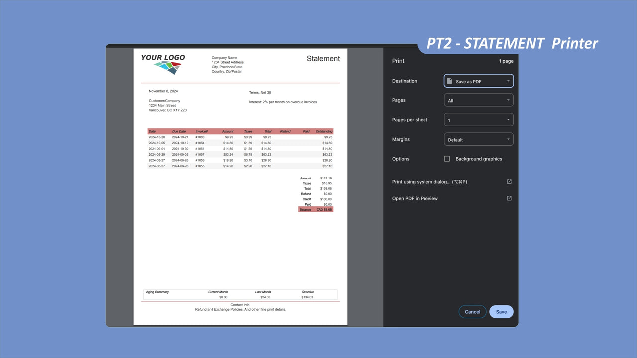 PT2 Statement Printer App - print statement screenshot
