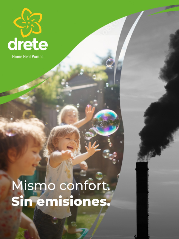 Una imágen doble, dividida, en la parte izquierda Niños jugando con burbujas de jabón y en la otra mitad una chimenea con humo negro
