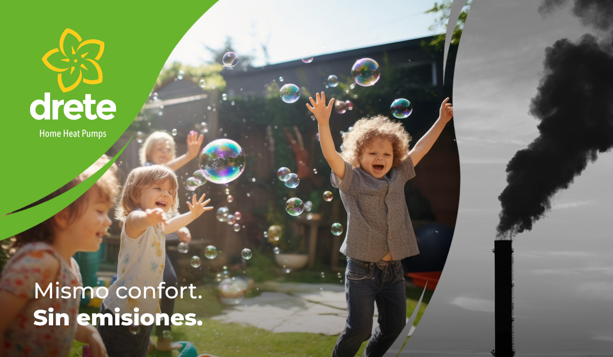 Una imágen doble, dividida, en la parte izquierda Niños jugando con burbujas de jabón y en la otra mitad una chimenea con humo negro