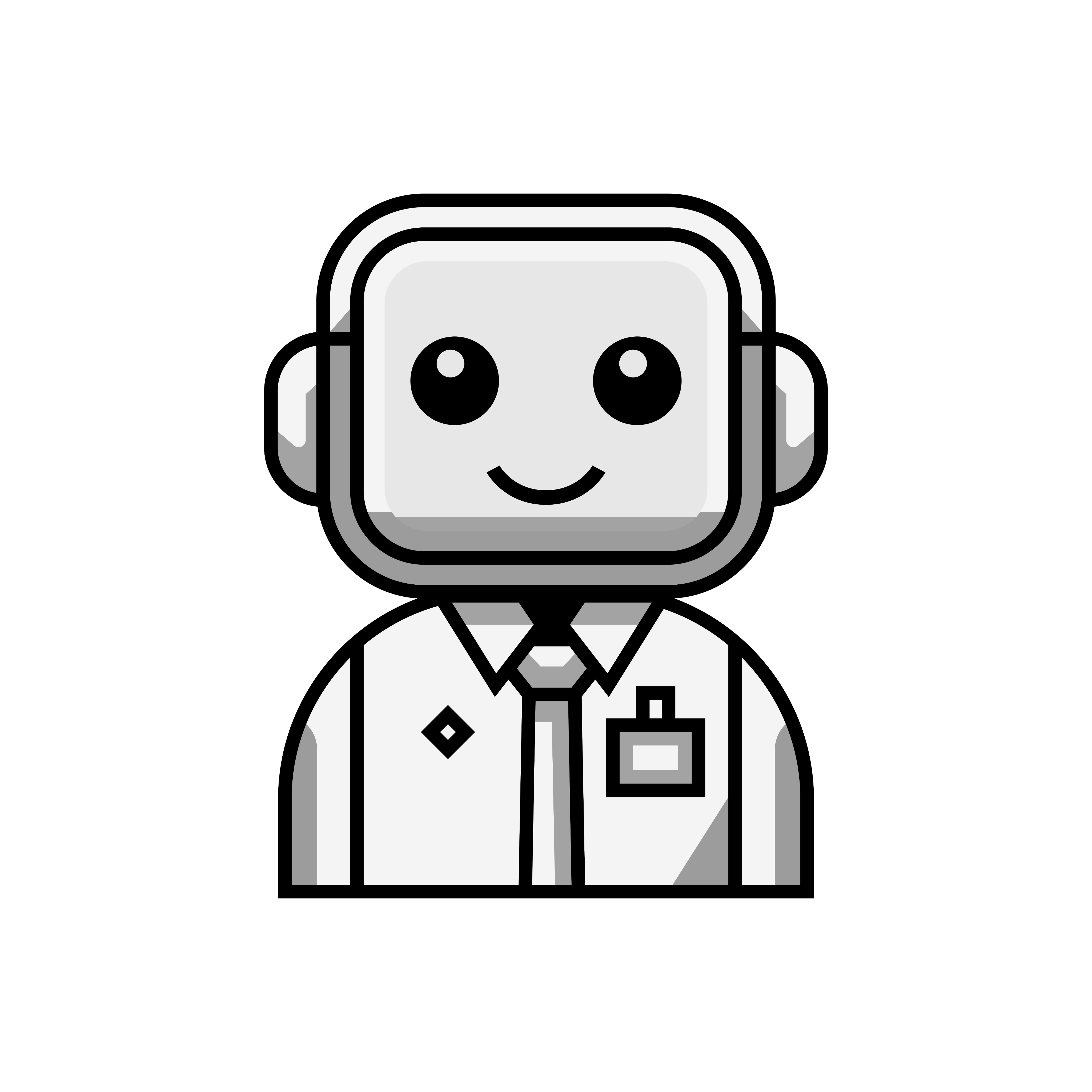 Smiling robot wearing a white shirt, tie, and name badge on a black background.