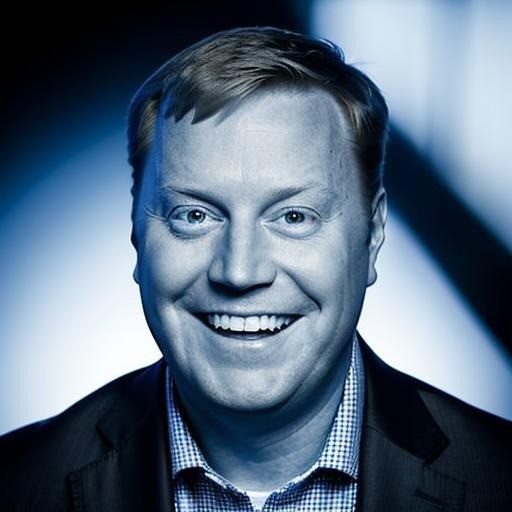 Smiling man with light hair wearing a checked shirt and dark blazer against a dark blue and light background.