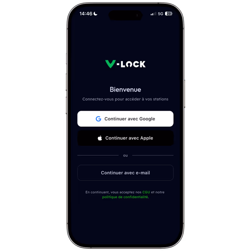 Écran de connexion de l'application V-Lock