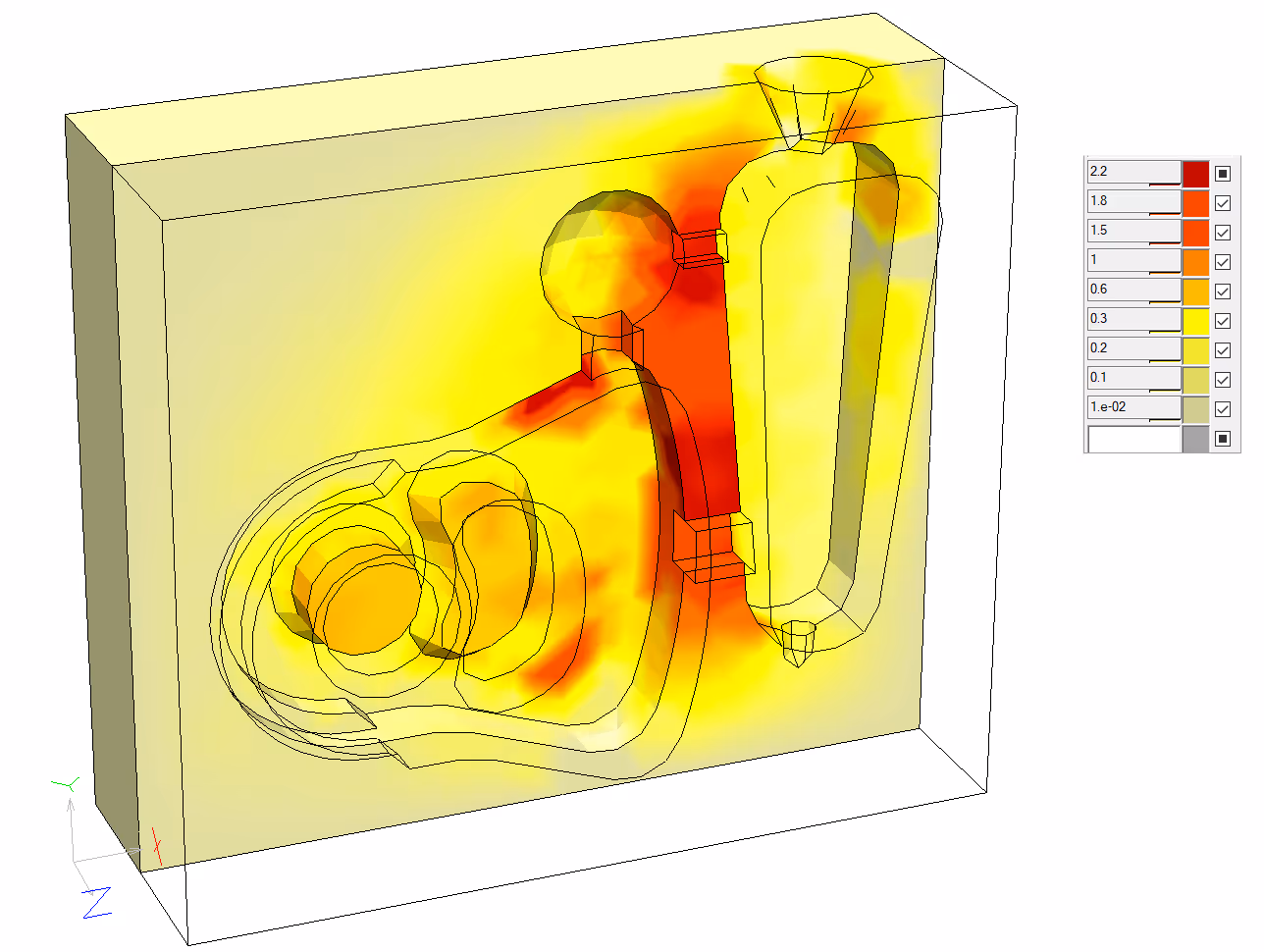 Distribution of excess pressure in the volume of a gas-evolving sand-resin mold