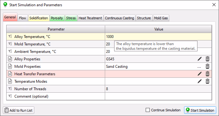 Start Simulation and Parameters dialog
