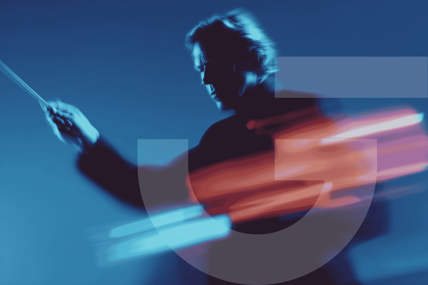 Brand Editorial Photography, a charismatic conductor mid-motion against a futuristic stage, vivid blue (#4354F9) glow outlining his silhouette, dominant coral (#EE6C4D) flares trailing from baton and arms, strong directional motion blur trailing to the rig