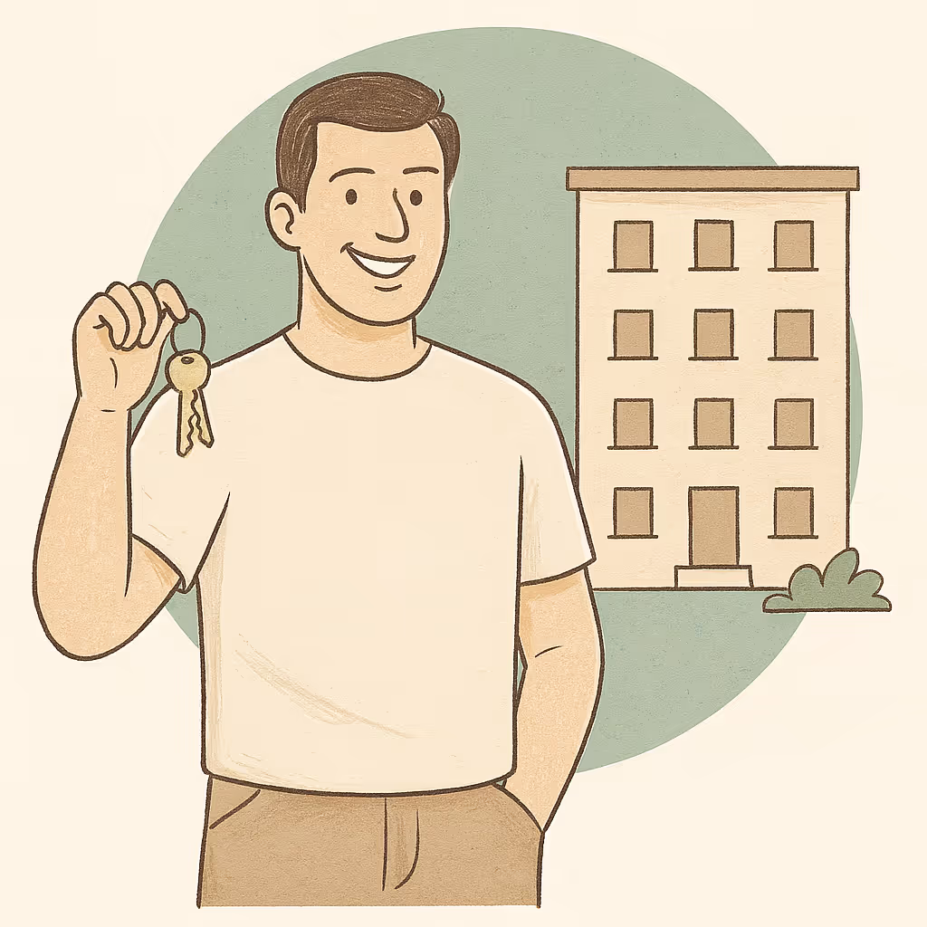 Illustration d'un propriétaire bailleur devant une copropriété rénovée