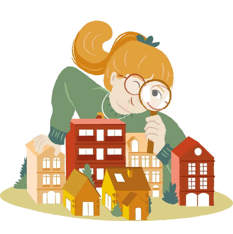 Femme avec une loupe au-dessus des logements Une femme qui réalise l'audit énergetique d'un logement