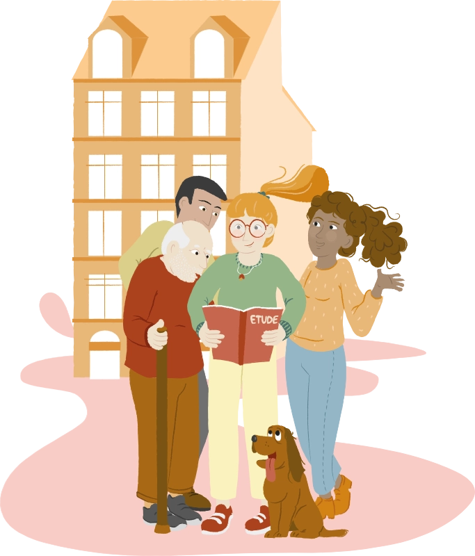 Audit de copropriété réalisée par une thermicienne de chez Aid'habitat devant un immeuble à Rennes