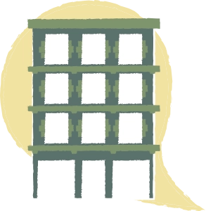 Illustration d'un bâtiment à trois étages avec plusieurs fenêtres sur fond jaune.