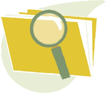 Dossier jaune avec une loupe verte posée dessus.