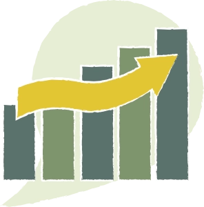 Graphique à barres croissantes avec une flèche jaune pointant vers le haut à droite, illustrant une tendance à la hausse.