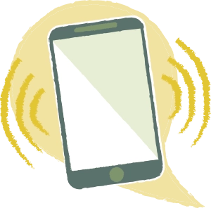 Smartphone avec des ondes jaunes autour indiquant une vibration ou une sonnerie.