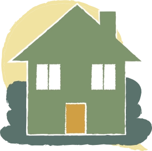 Icône d'une maison verte avec une porte marron et quatre fenêtres blanches.