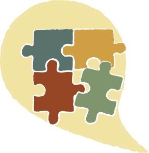 Quatre pièces de puzzle colorées imbriquées dans une bulle de dialogue jaune pâle.