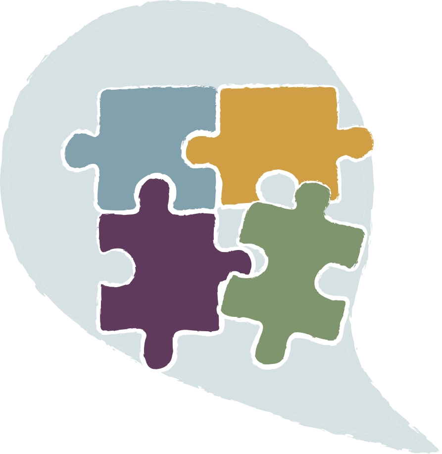 Quatre pièces de puzzle colorées imbriquées dans une bulle de dialogue grise.