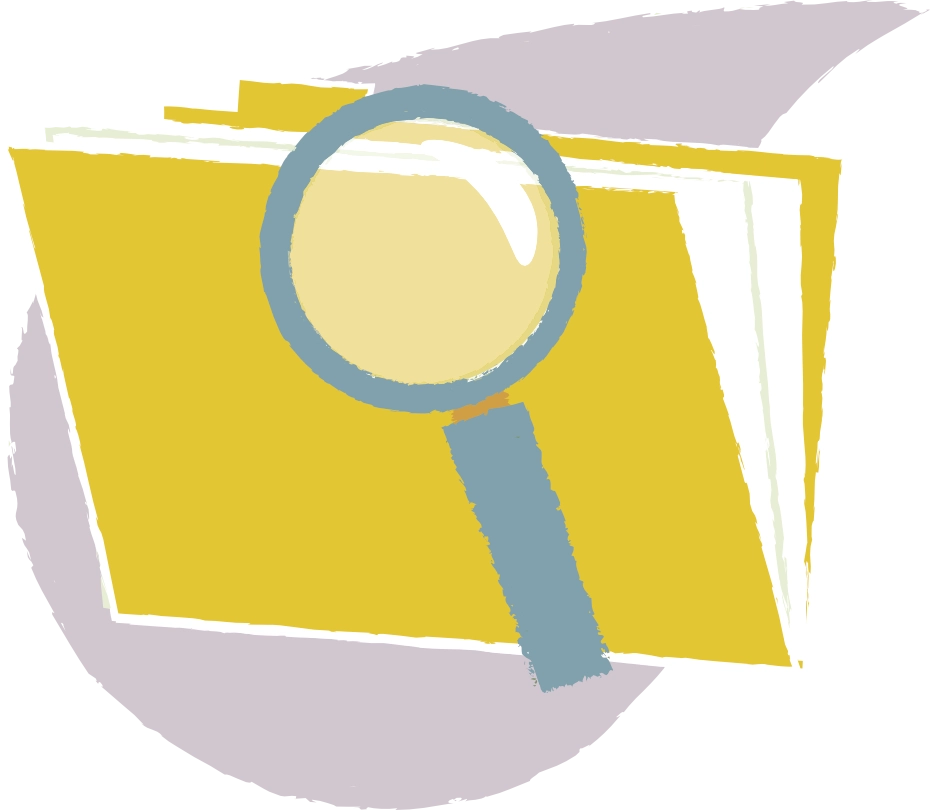 Dossier jaune avec une loupe bleue superposée, symbolisant la recherche ou l'examen de documents.