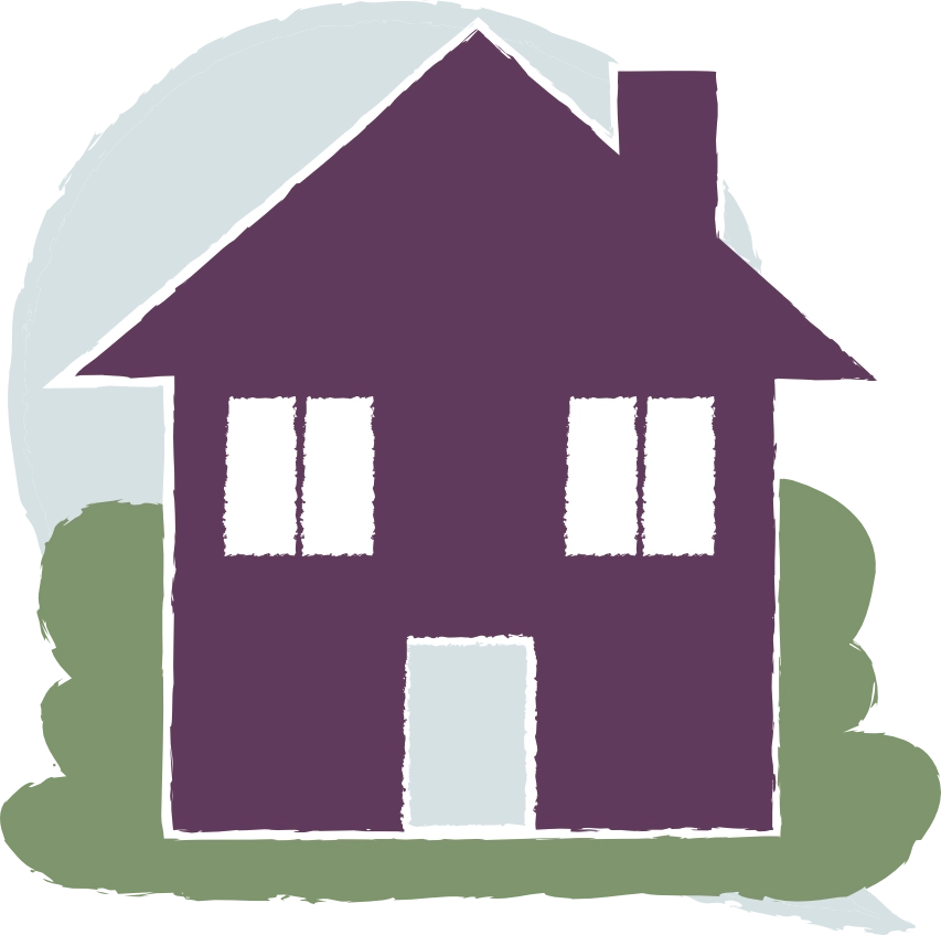 Illustration d'une maison violette avec deux fenêtres, une porte et un arbre vert à l'arrière-plan.