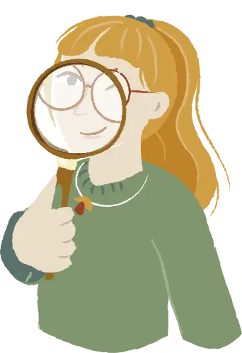 Illustration d'une thermicienne de chez Aid'habitat avec des cheveux roux tenant une loupe devant son œil droit, portant un pull vert.