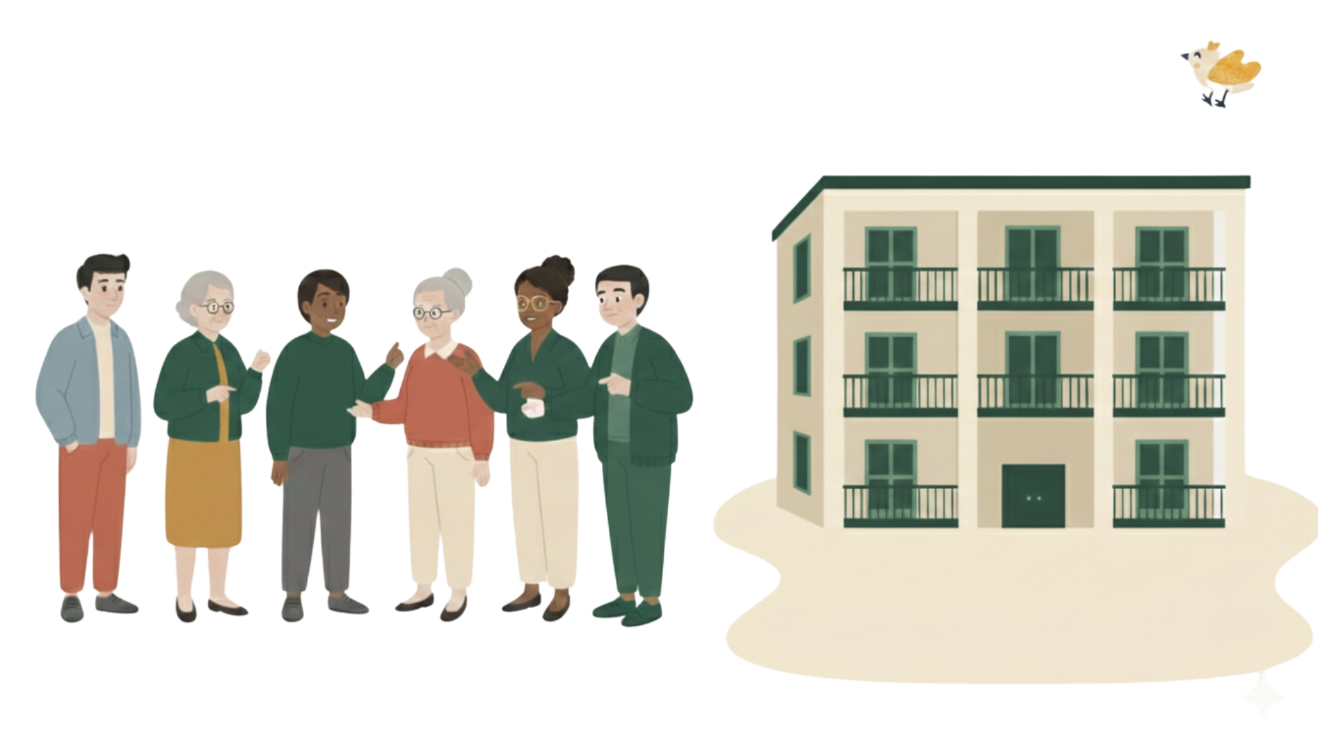 Illustration de six personnes debout discutant à gauche et un immeuble résidentiel en copropriété à trois étages avec balcons à droite. Le groupe béneificie d'un accompagnement AMO à Rennes