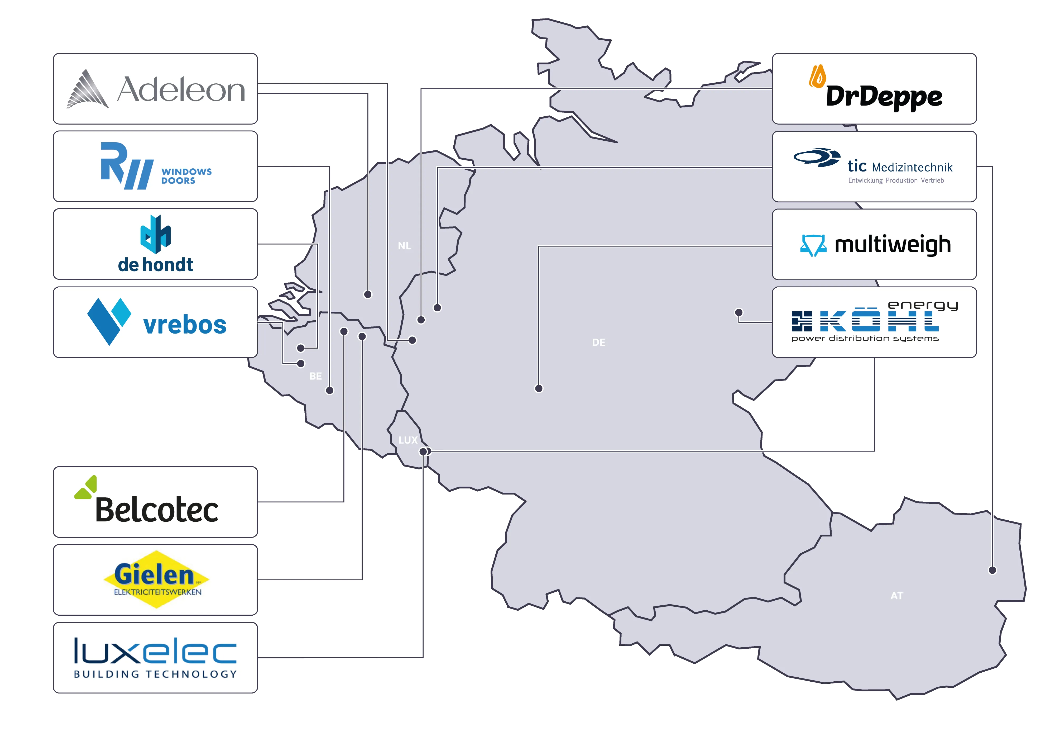 A map with all the Adeleon subsidiaries marked on it