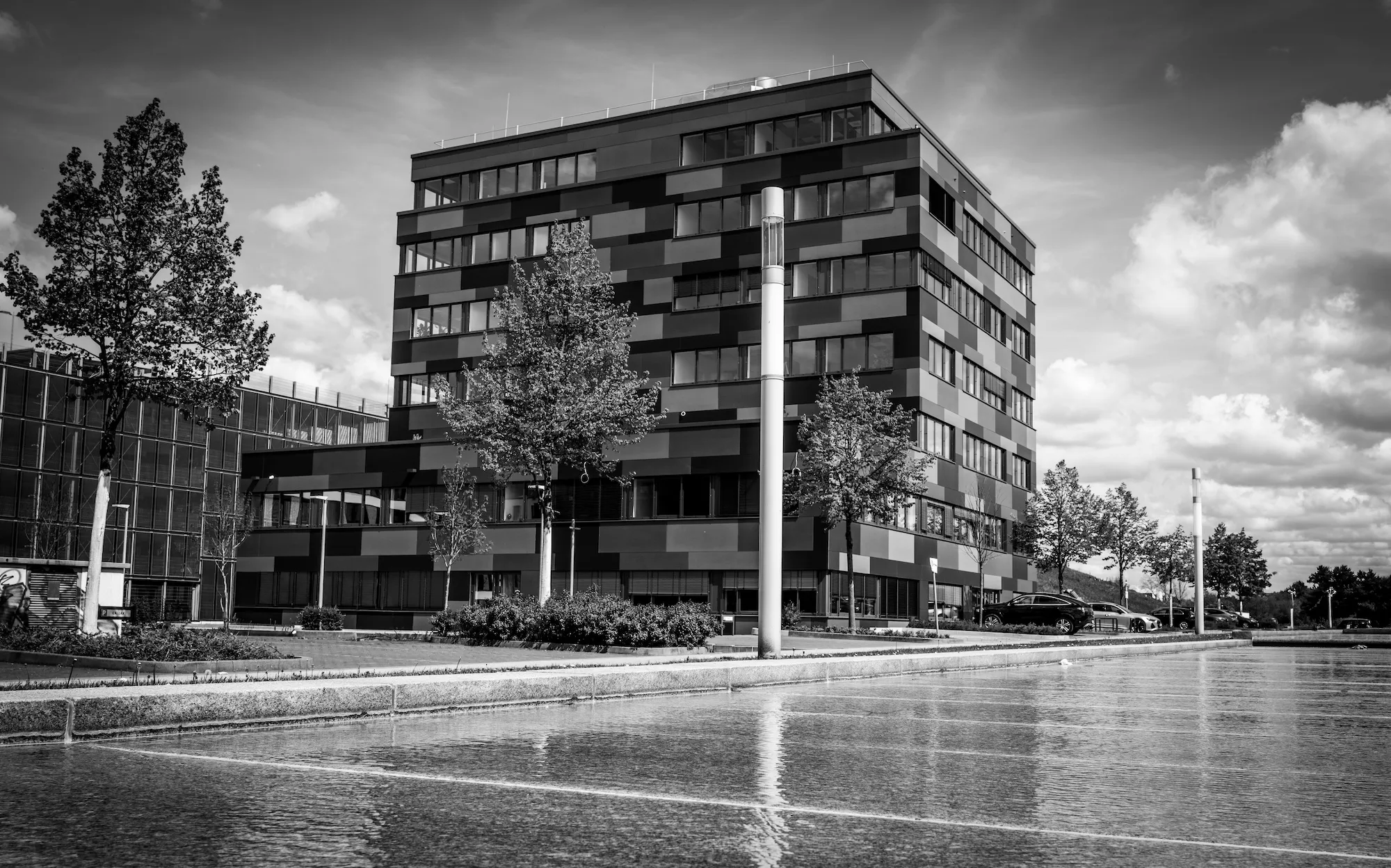 The Adeleon office building in greyscale