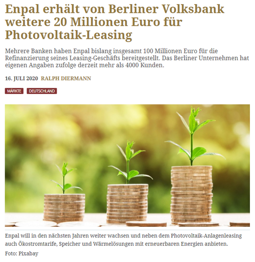 Enpal erhält von Berliner Volksbank weitere 20 Millionen Euro für Photovoltaik-Leasing