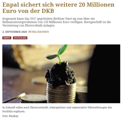 Enpal sichert sich weitere 20 Millionen Euro von der DKB