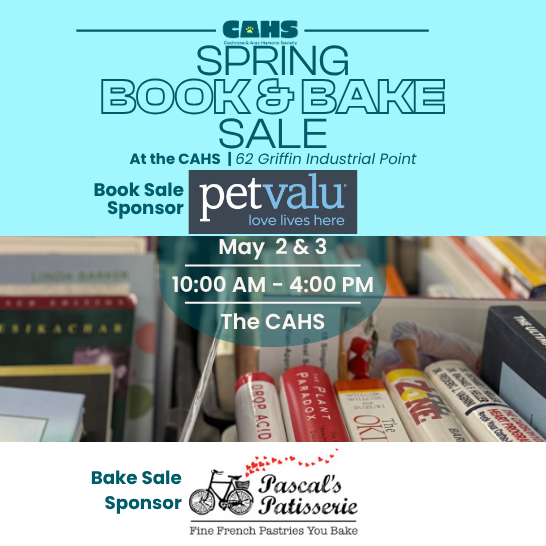 A dog and cat wearing santa hats, advertising for the Christmas Open House, December 6, 10-4.