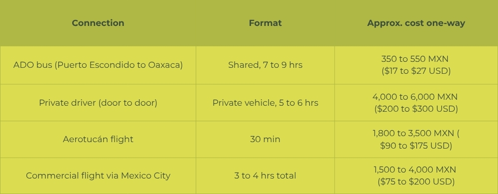 Are Puerto Escondido to Oaxaca Day Trip Tours Worth It – Price table for Oaxaca private tour formats.